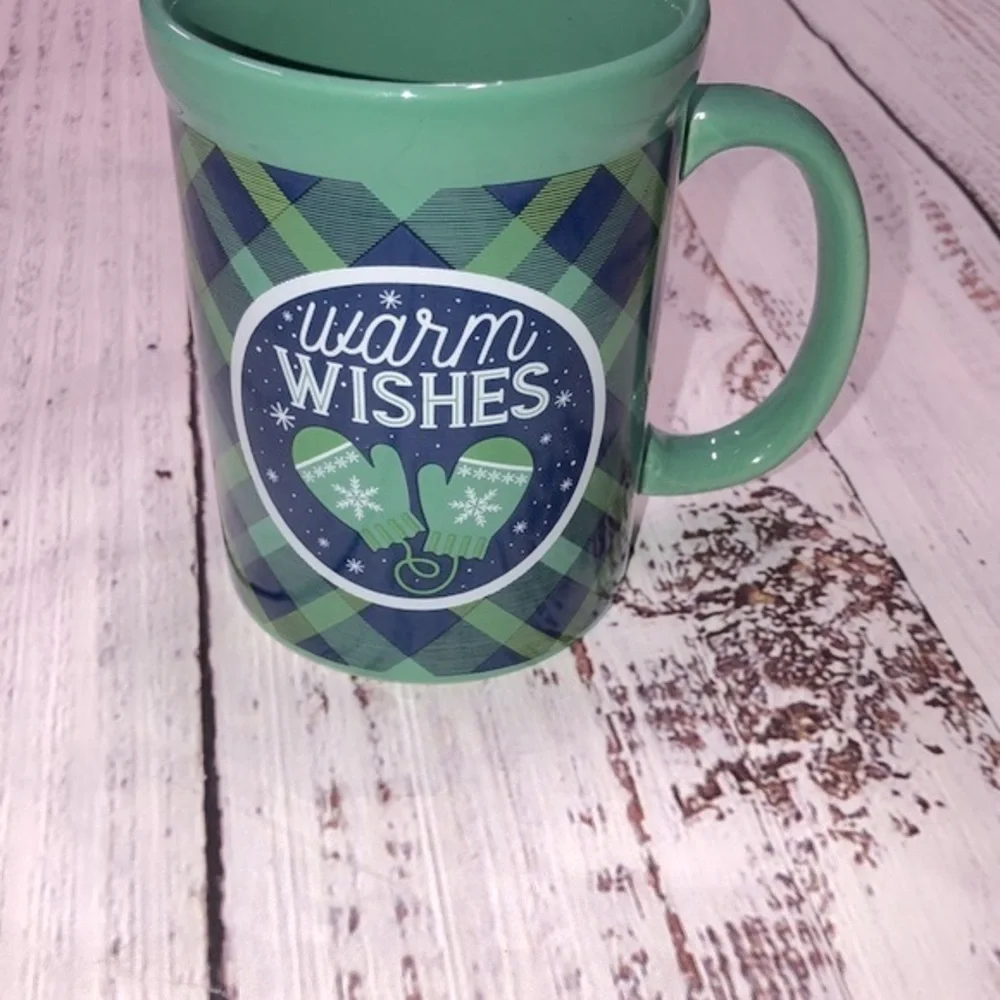 Warm Wishes Christmas green plaid coffee mug